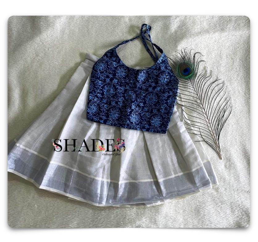 Silver border skirt and indigo top