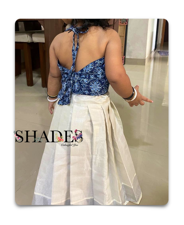 Silver border skirt and indigo top
