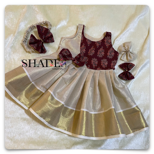Golden tissue and cotton blockprint frock