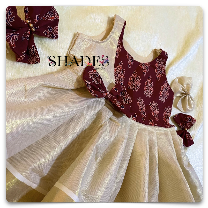 Golden tissue and cotton blockprint frock