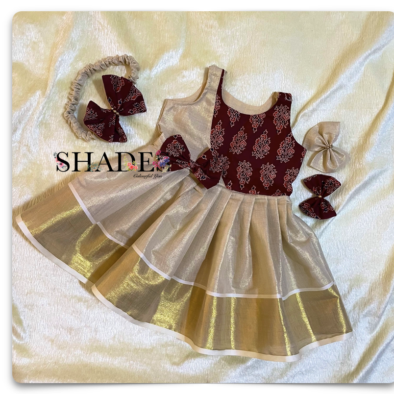 Golden tissue and cotton blockprint frock